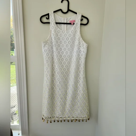 LIlly Pulitzer Marquette Shift Dress White & Gold Ombre Lace Tassel Size S